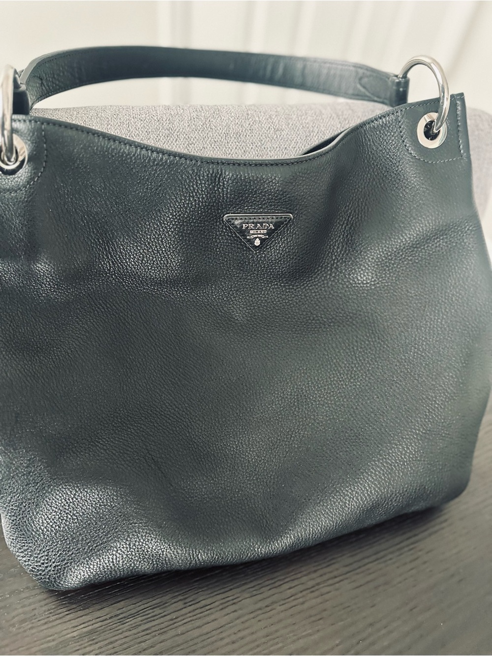 Prada Black Pebbled Leather Shoulder Bag with Silver Hardware